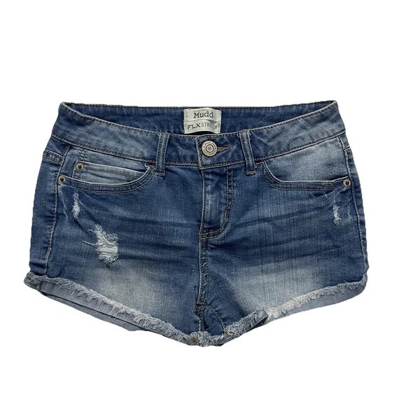 Mudd Pants - Mudd Women Shorts 3 Blue Denim Cutoff FLX STRETCH Distressed Frayed 2” Inseam